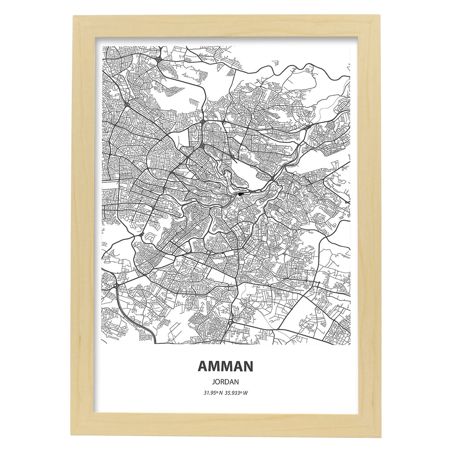 Poster con mapa de Amman - Jordania. Láminas de ciudades de Oriente Medio con mares y ríos en color negro.-Artwork-Nacnic-A3-Marco Madera clara-Nacnic Estudio SL