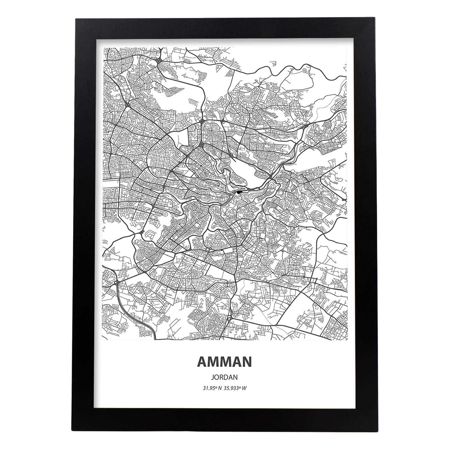 Poster con mapa de Amman - Jordania. Láminas de ciudades de Oriente Medio con mares y ríos en color negro.-Artwork-Nacnic-A3-Marco Negro-Nacnic Estudio SL