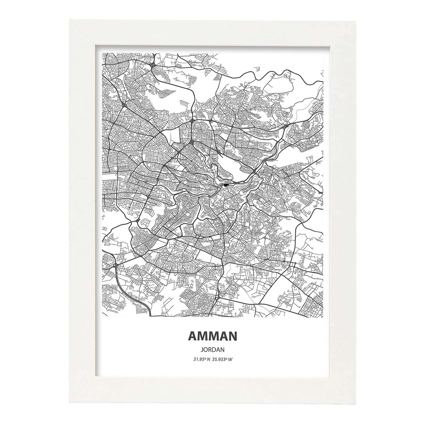 Poster con mapa de Amman - Jordania. Láminas de ciudades de Oriente Medio con mares y ríos en color negro.-Artwork-Nacnic-A4-Marco Blanco-Nacnic Estudio SL