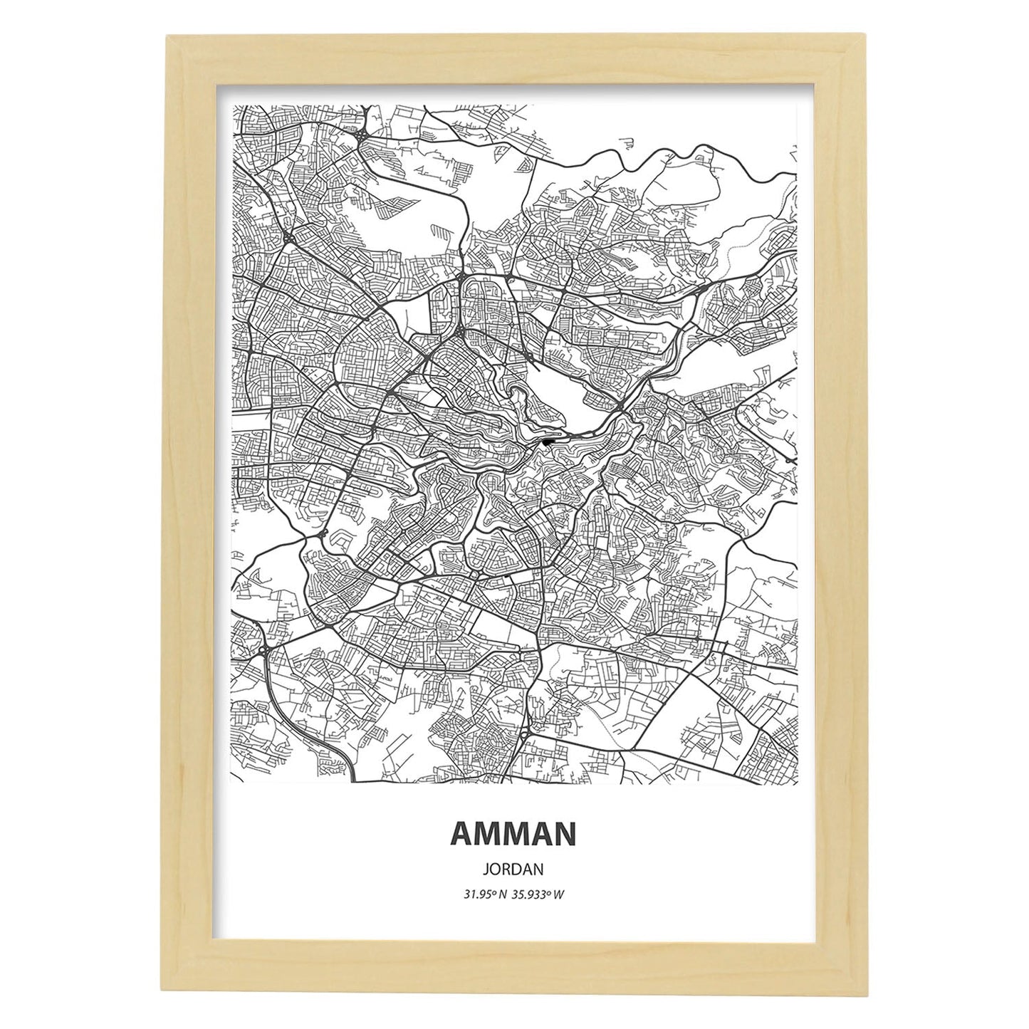 Poster con mapa de Amman - Jordania. Láminas de ciudades de Oriente Medio con mares y ríos en color negro.-Artwork-Nacnic-A4-Marco Madera clara-Nacnic Estudio SL