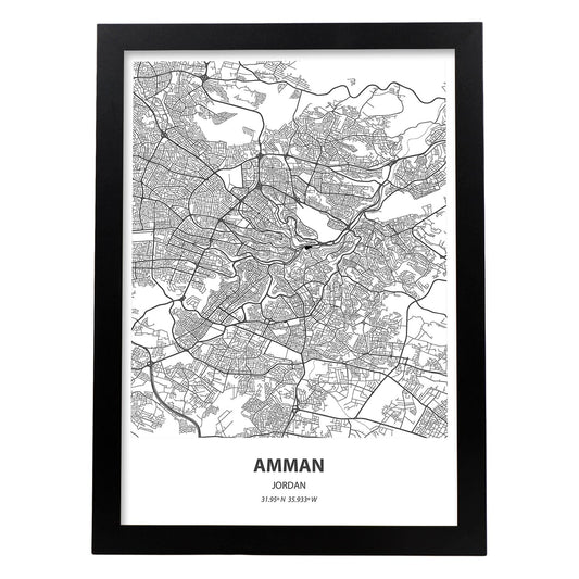 Poster con mapa de Amman - Jordania. Láminas de ciudades de Oriente Medio con mares y ríos en color negro.-Artwork-Nacnic-A4-Marco Negro-Nacnic Estudio SL