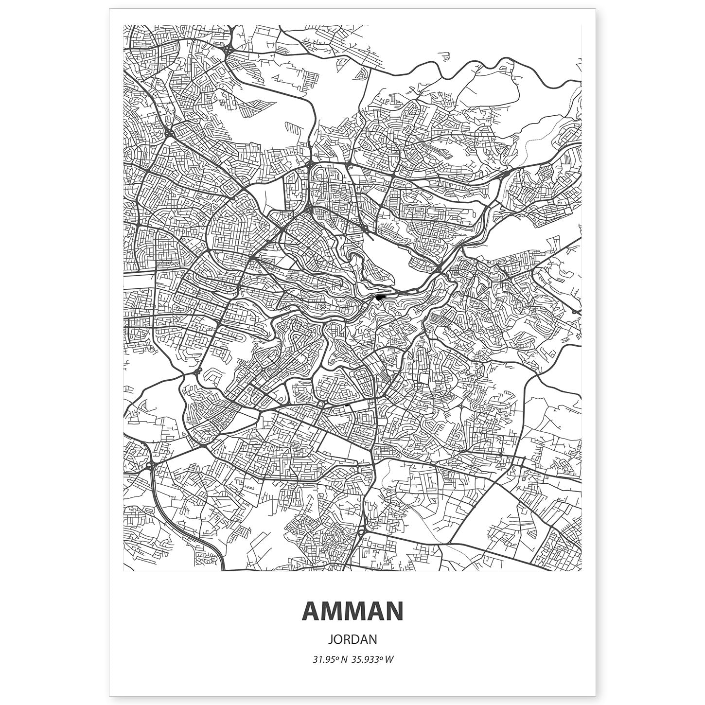 Poster con mapa de Amman - Jordania. Láminas de ciudades de Oriente Medio con mares y ríos en color negro.-Artwork-Nacnic-A4-Sin marco-Nacnic Estudio SL