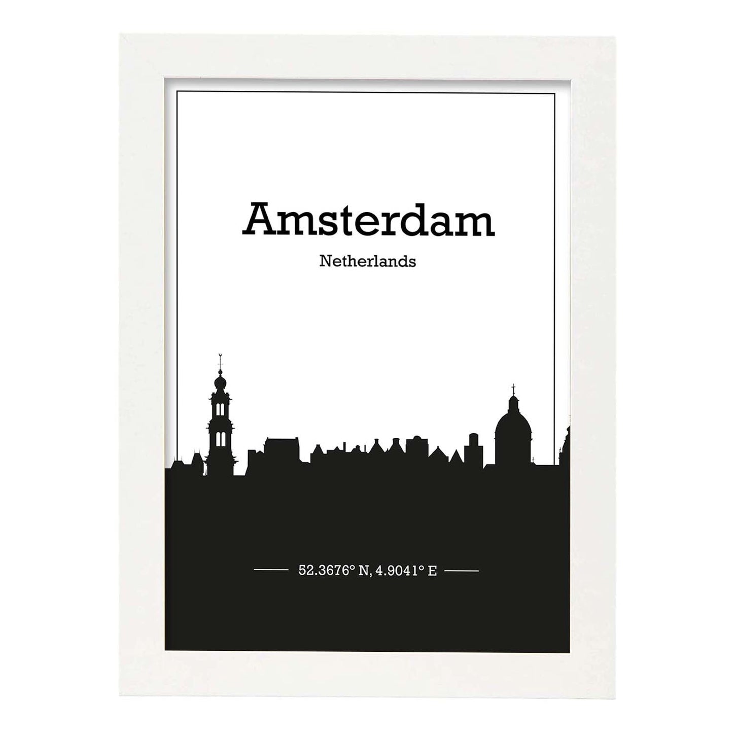 Poster con mapa de Amsterdam - Holanda. Láminas con Skyline de ciudades de Europa con sombra negra.-Artwork-Nacnic-A3-Marco Blanco-Nacnic Estudio SL