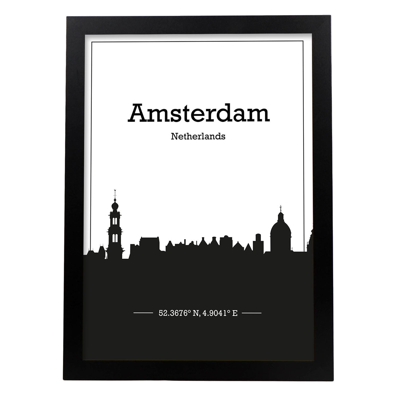 Poster con mapa de Amsterdam - Holanda. Láminas con Skyline de ciudades de Europa con sombra negra.-Artwork-Nacnic-A3-Marco Negro-Nacnic Estudio SL
