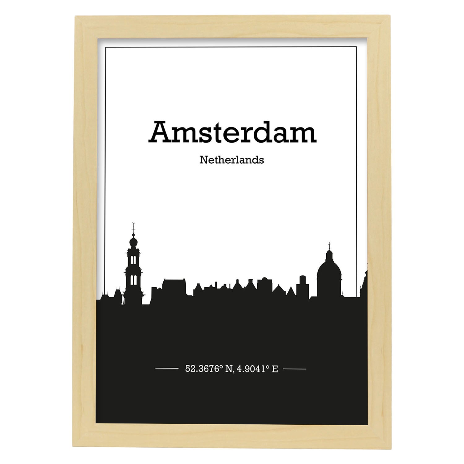 Poster con mapa de Amsterdam - Holanda. Láminas con Skyline de ciudades de Europa con sombra negra.-Artwork-Nacnic-A4-Marco Madera clara-Nacnic Estudio SL