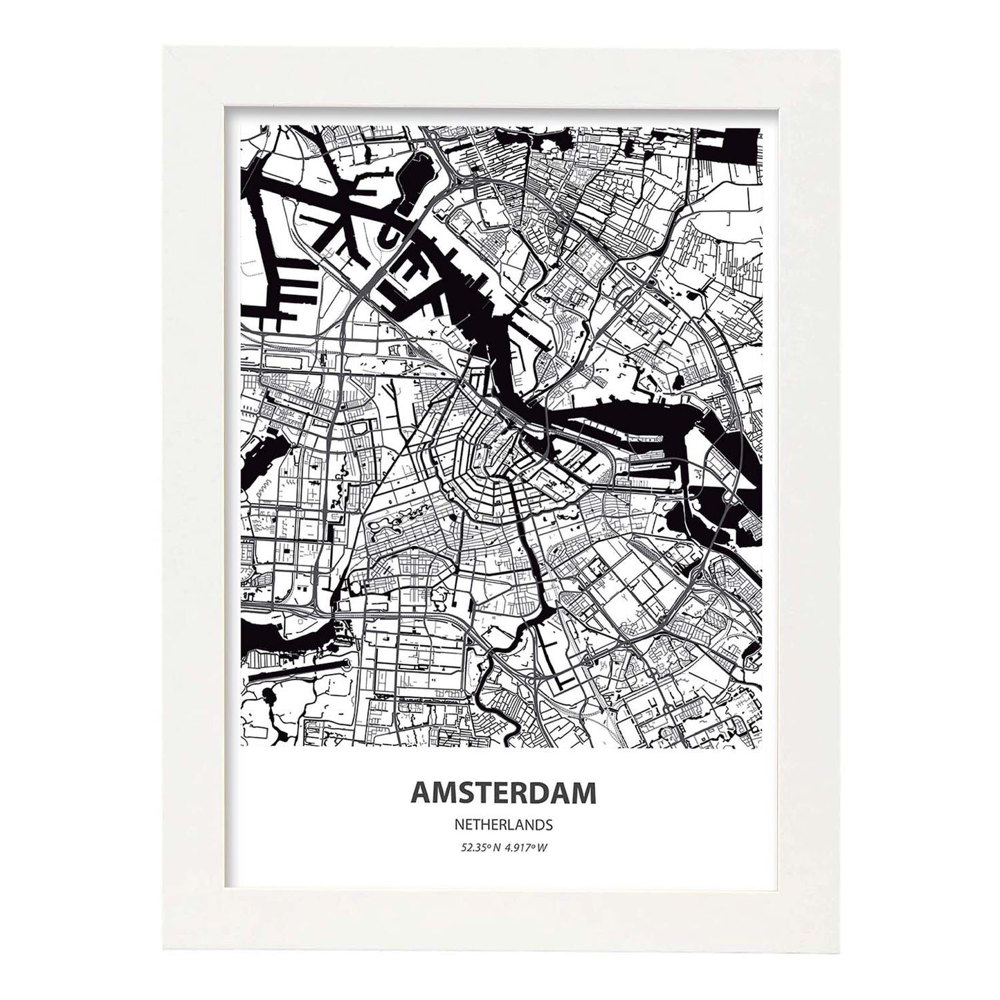 Poster con mapa de Amsterdam - Holanda. Láminas de ciudades de Holanda y Bélgica con mares y ríos en color negro.-Artwork-Nacnic-A3-Marco Blanco-Nacnic Estudio SL