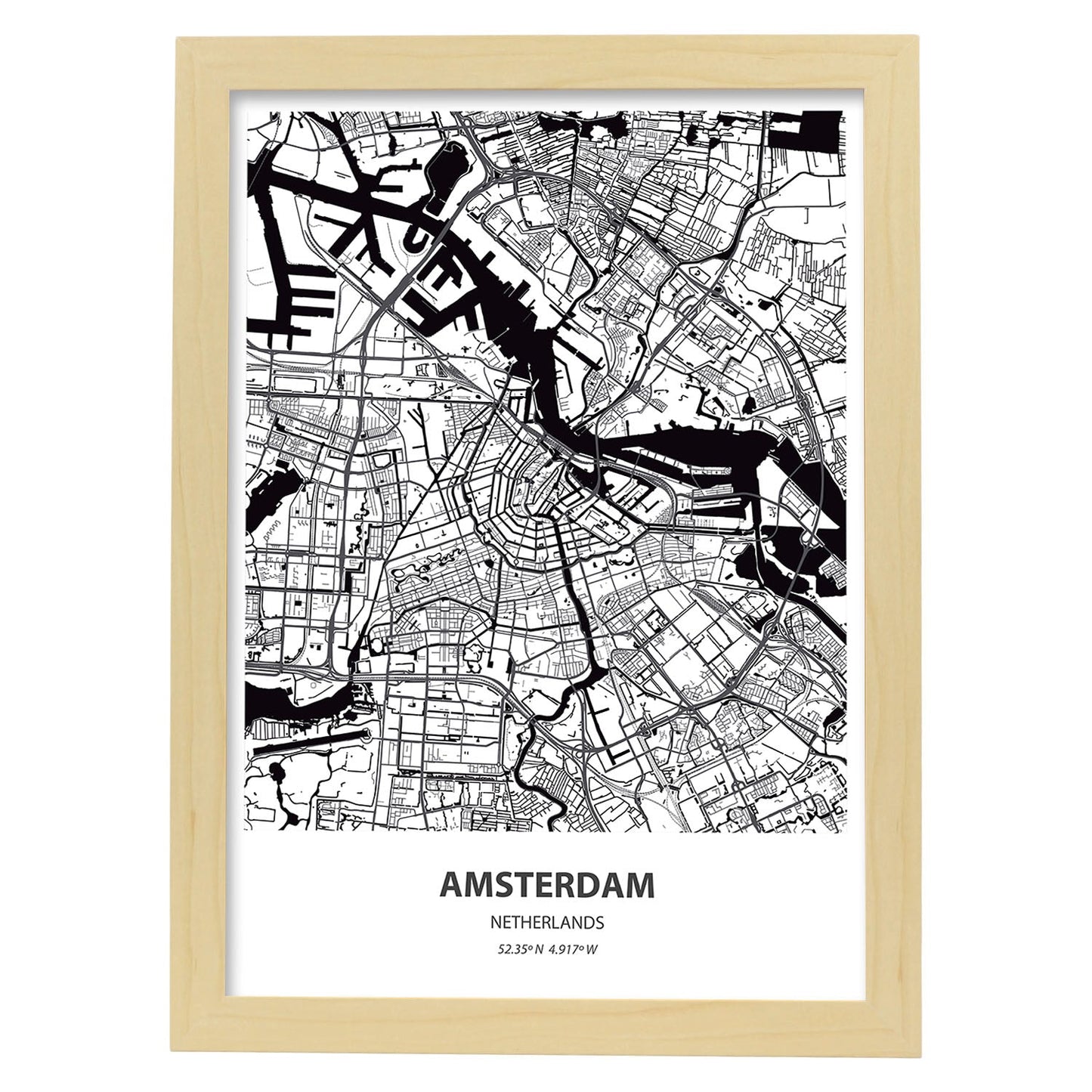 Poster con mapa de Amsterdam - Holanda. Láminas de ciudades de Holanda y Bélgica con mares y ríos en color negro.-Artwork-Nacnic-A3-Marco Madera clara-Nacnic Estudio SL