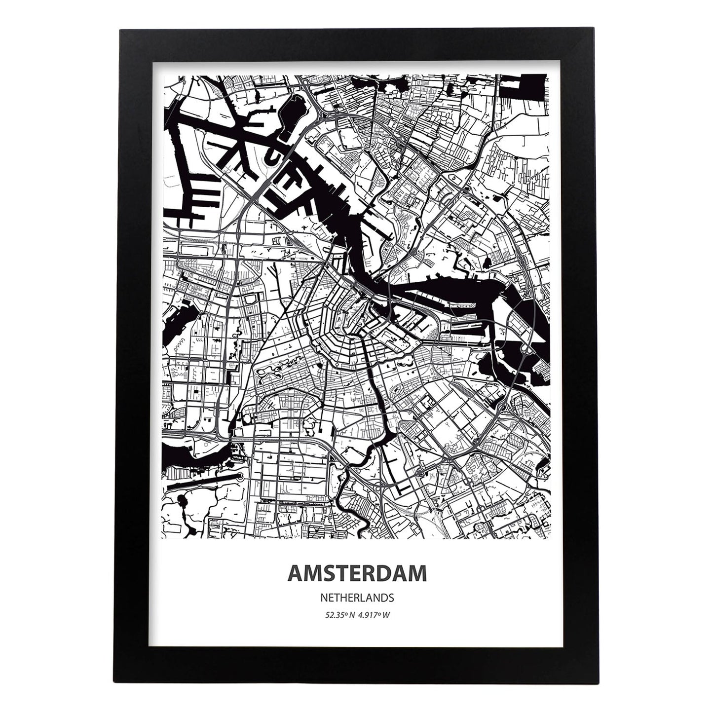 Poster con mapa de Amsterdam - Holanda. Láminas de ciudades de Holanda y Bélgica con mares y ríos en color negro.-Artwork-Nacnic-A3-Marco Negro-Nacnic Estudio SL