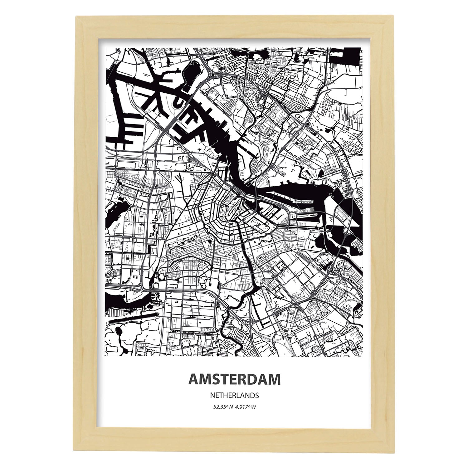 Poster con mapa de Amsterdam - Holanda. Láminas de ciudades de Holanda y Bélgica con mares y ríos en color negro.-Artwork-Nacnic-A4-Marco Madera clara-Nacnic Estudio SL