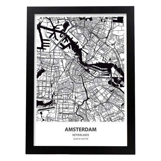 Poster con mapa de Amsterdam - Holanda. Láminas de ciudades de Holanda y Bélgica con mares y ríos en color negro.-Artwork-Nacnic-A4-Marco Negro-Nacnic Estudio SL