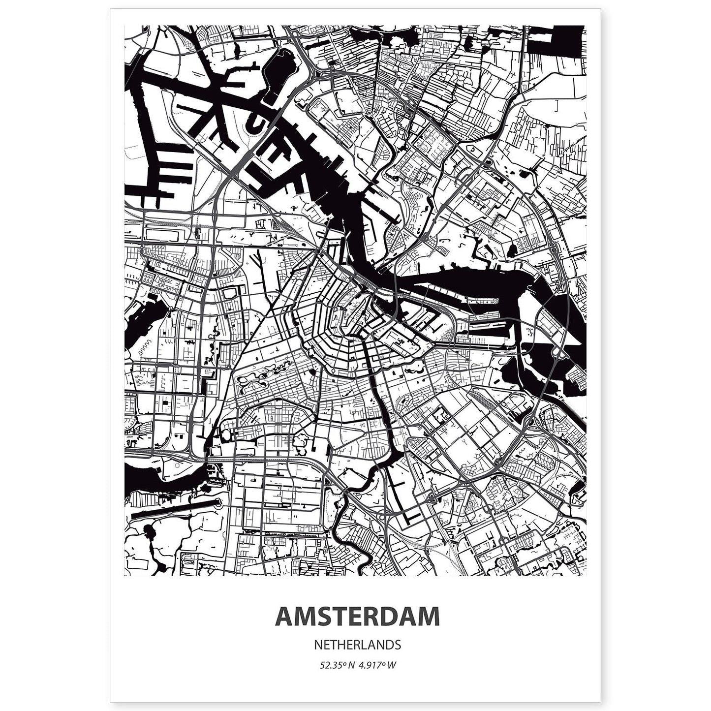 Poster con mapa de Amsterdam - Holanda. Láminas de ciudades de Holanda y Bélgica con mares y ríos en color negro.-Artwork-Nacnic-A4-Sin marco-Nacnic Estudio SL
