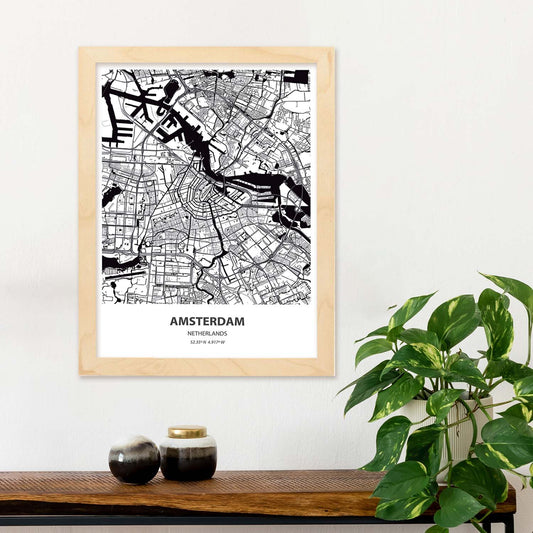 Poster con mapa de Amsterdam - Holanda. Láminas de ciudades de Holanda y Bélgica con mares y ríos en color negro.-Artwork-Nacnic-Nacnic Estudio SL