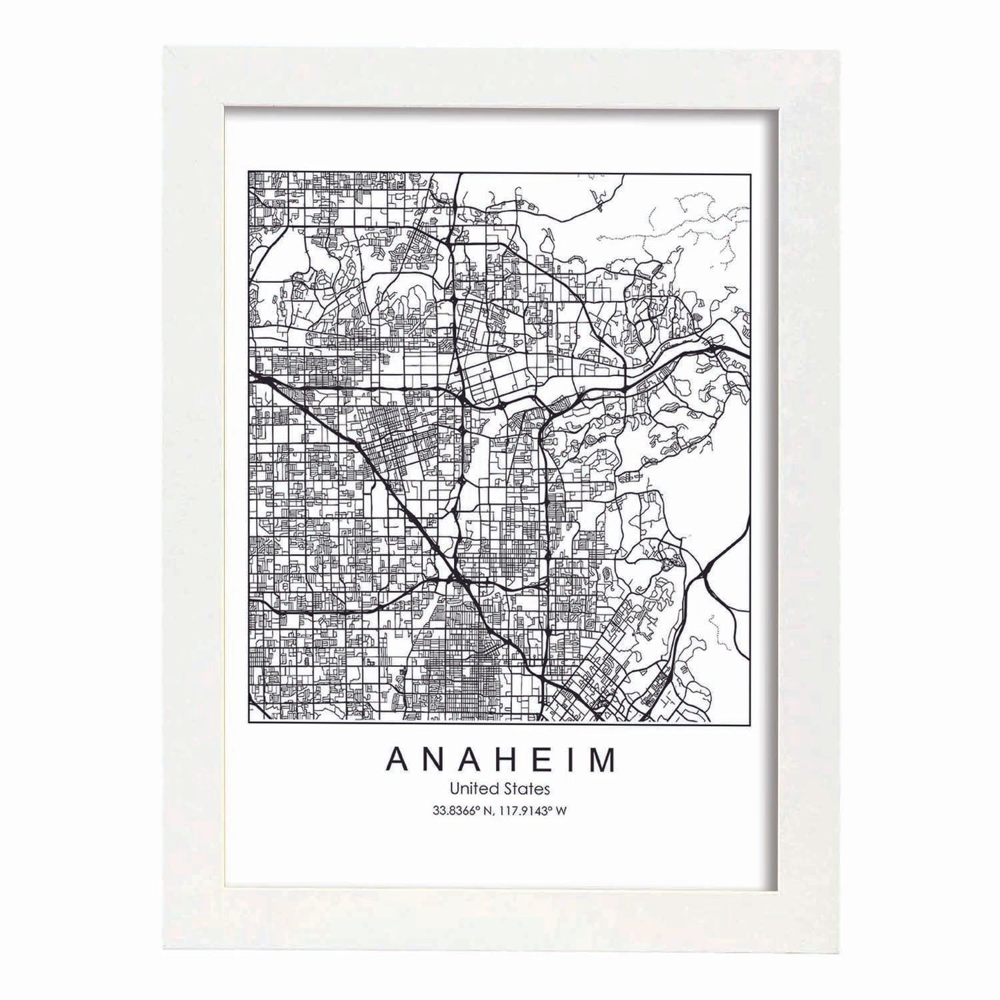 Poster con mapa de Anaheim. Lámina de Estados Unidos, con imágenes de mapas y carreteras-Artwork-Nacnic-A3-Marco Blanco-Nacnic Estudio SL