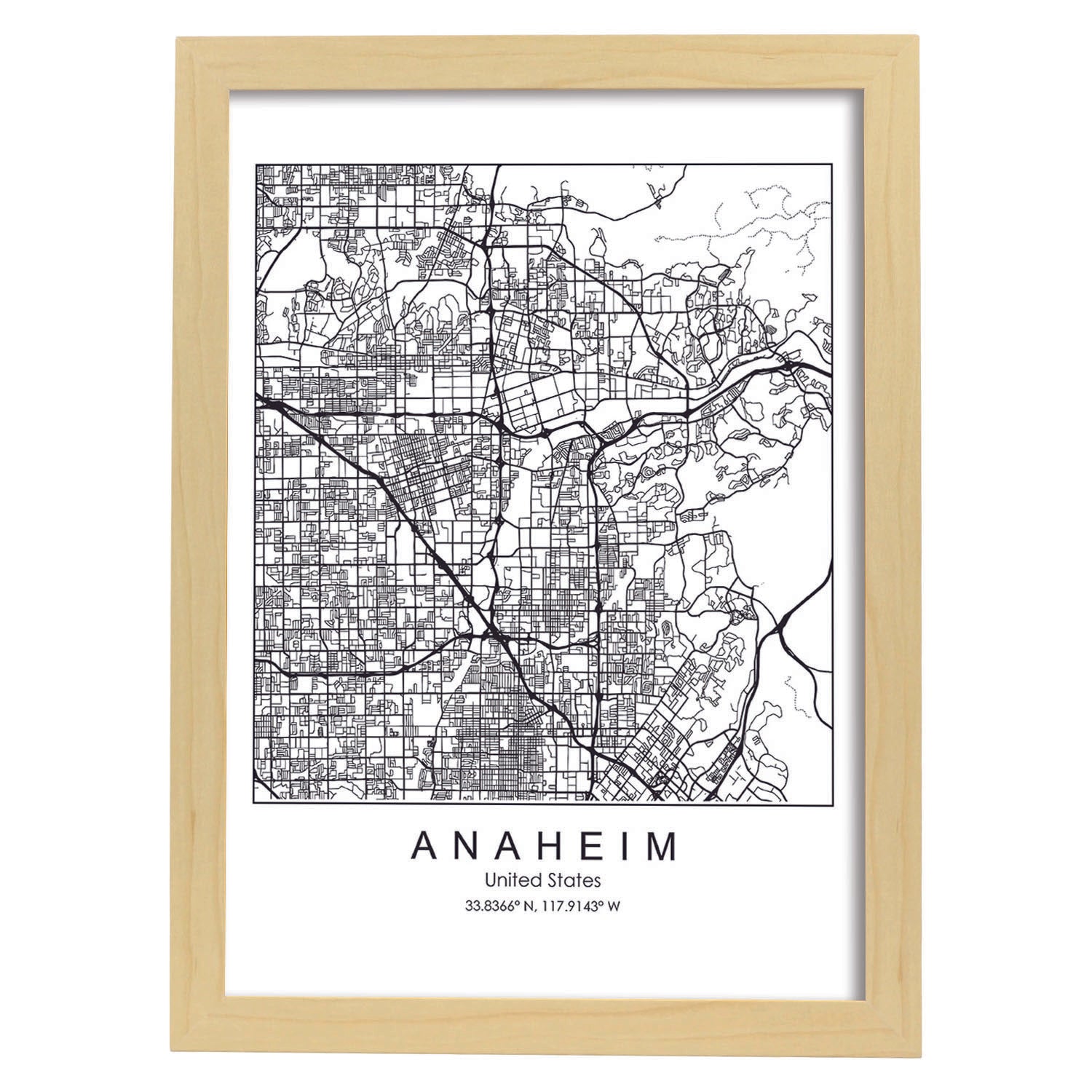 Poster con mapa de Anaheim. Lámina de Estados Unidos, con imágenes de mapas y carreteras-Artwork-Nacnic-A3-Marco Madera clara-Nacnic Estudio SL