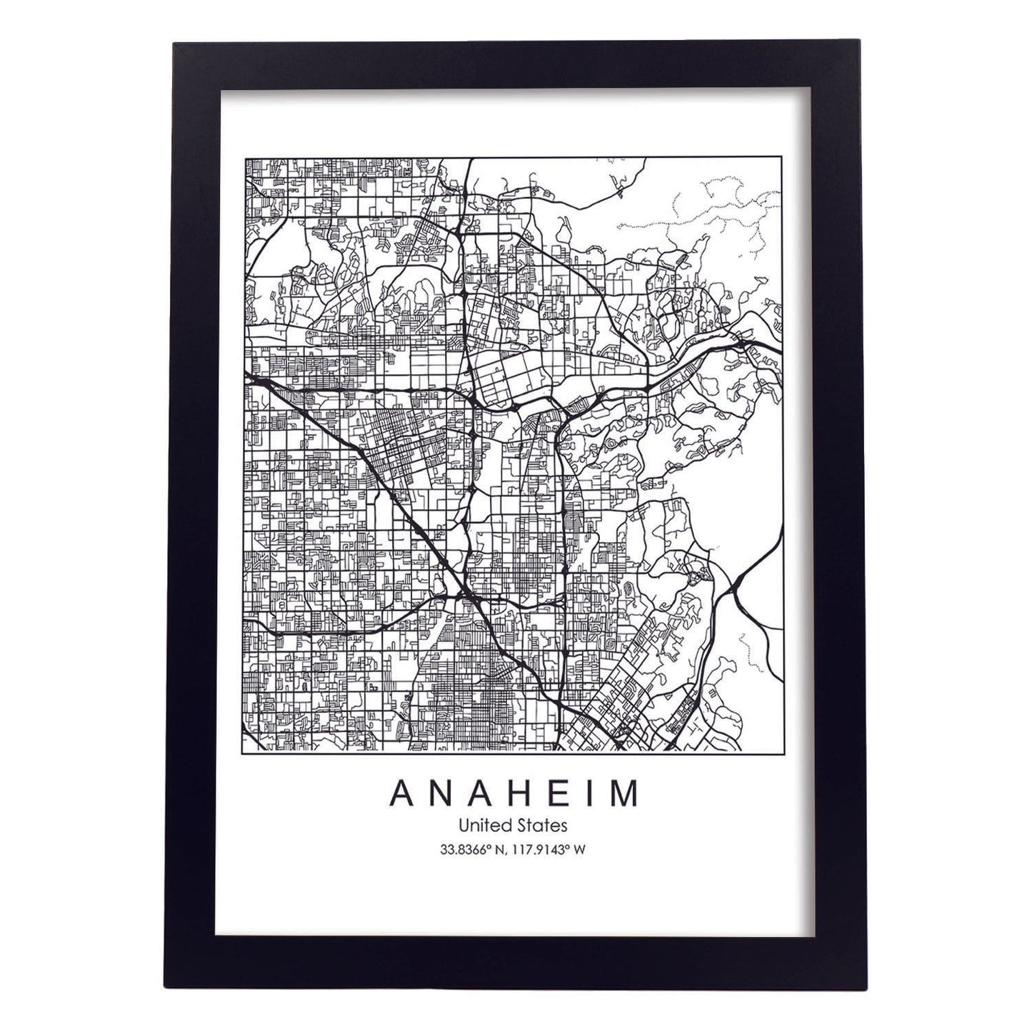 Poster con mapa de Anaheim. Lámina de Estados Unidos, con imágenes de mapas y carreteras-Artwork-Nacnic-A3-Marco Negro-Nacnic Estudio SL