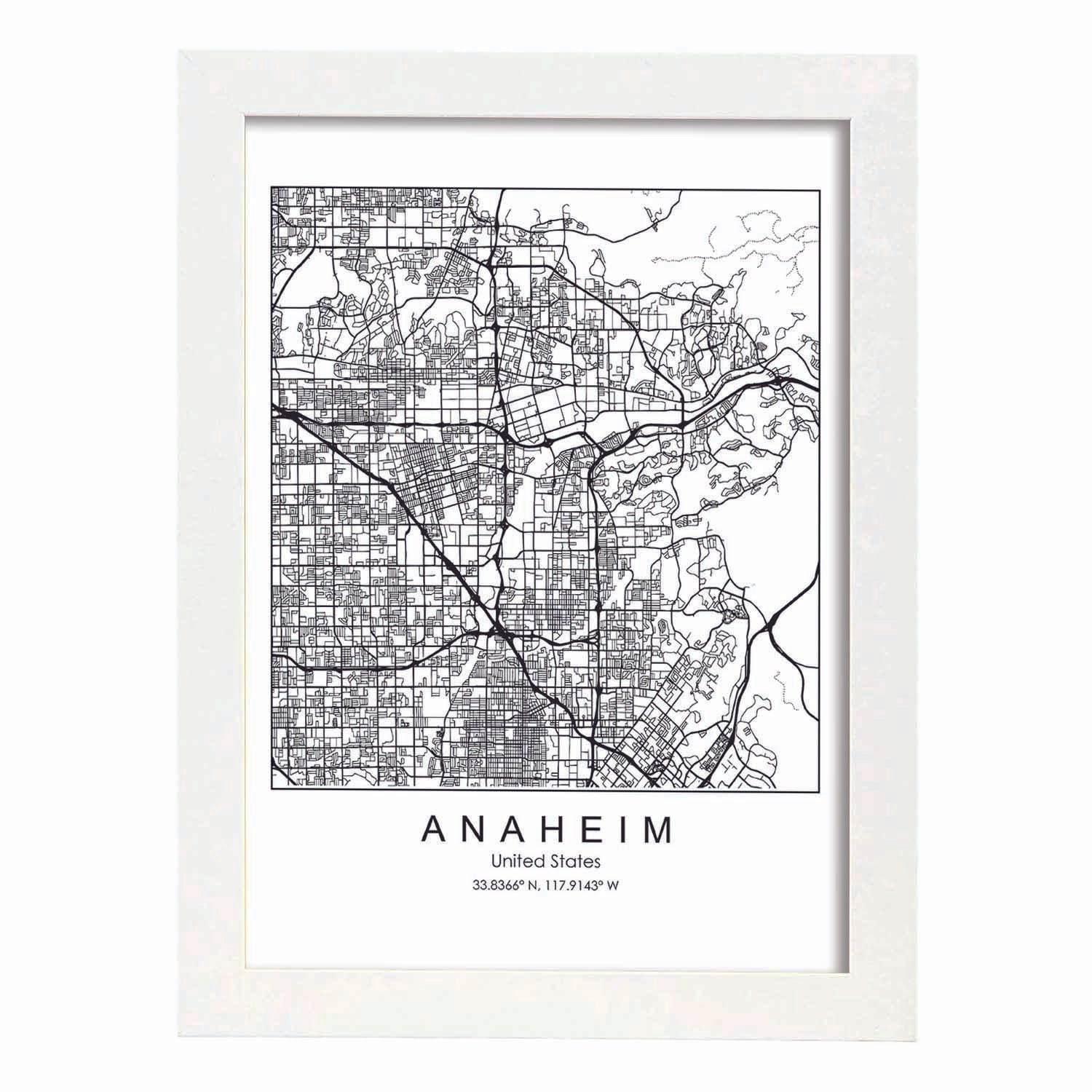 Poster con mapa de Anaheim. Lámina de Estados Unidos, con imágenes de mapas y carreteras-Artwork-Nacnic-A4-Marco Blanco-Nacnic Estudio SL