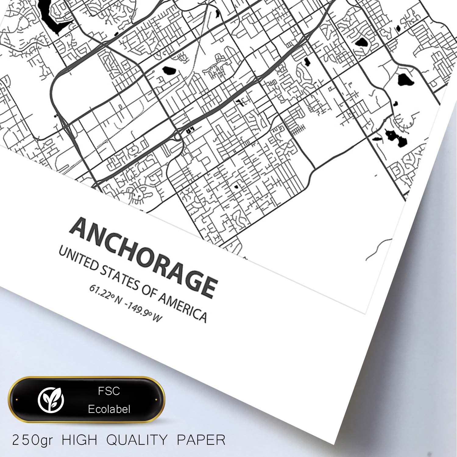 Poster con mapa de Anchorage - USA. Láminas de ciudades de Estados Unidos con mares y ríos en color negro.-Artwork-Nacnic-Nacnic Estudio SL