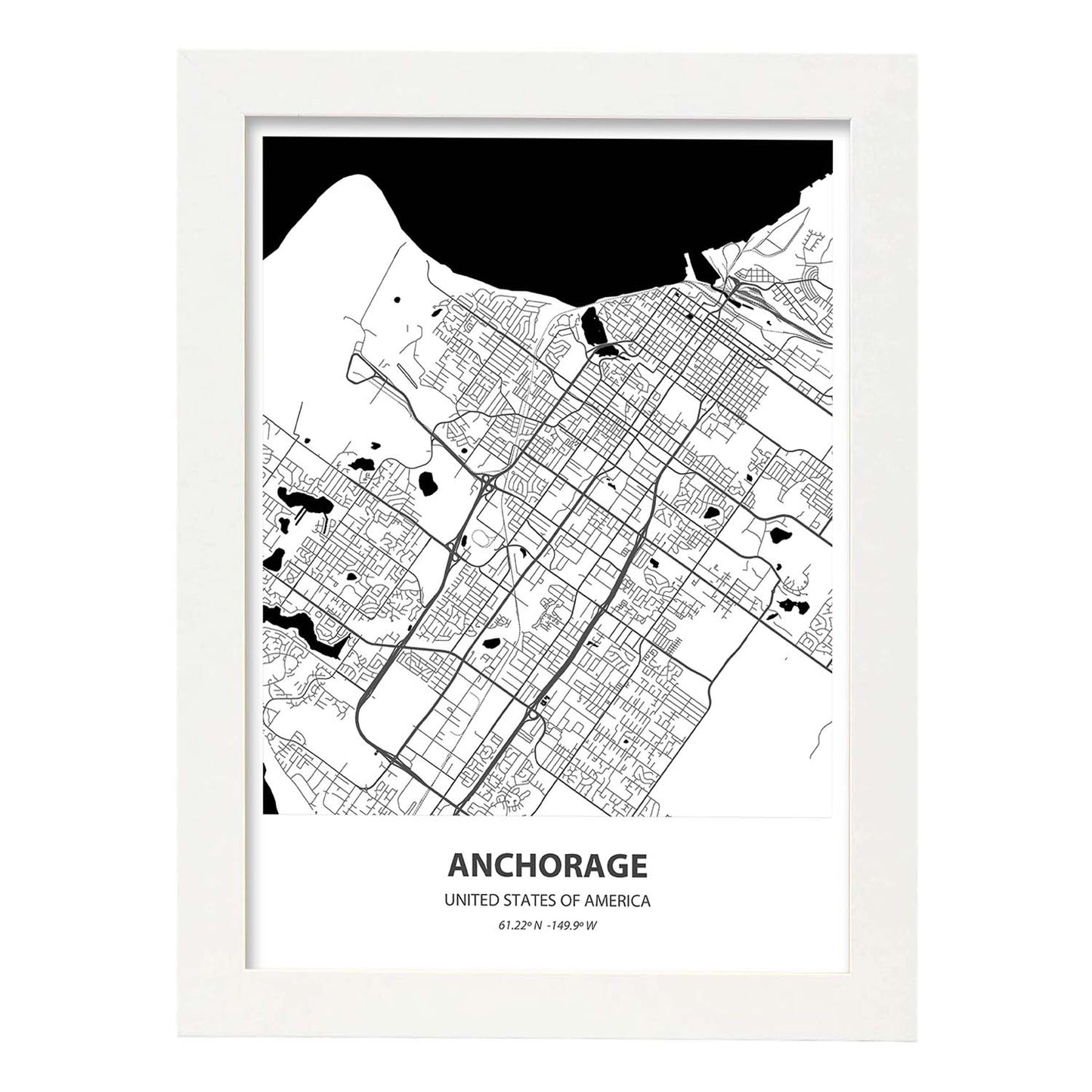 Poster con mapa de Anchorage - USA. Láminas de ciudades de Estados Unidos con mares y ríos en color negro.-Artwork-Nacnic-A3-Marco Blanco-Nacnic Estudio SL