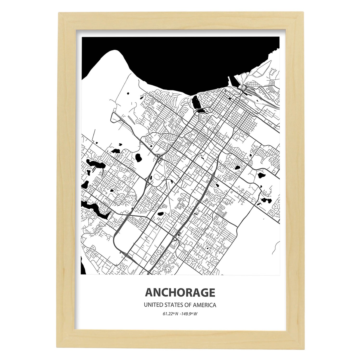 Poster con mapa de Anchorage - USA. Láminas de ciudades de Estados Unidos con mares y ríos en color negro.-Artwork-Nacnic-A3-Marco Madera clara-Nacnic Estudio SL