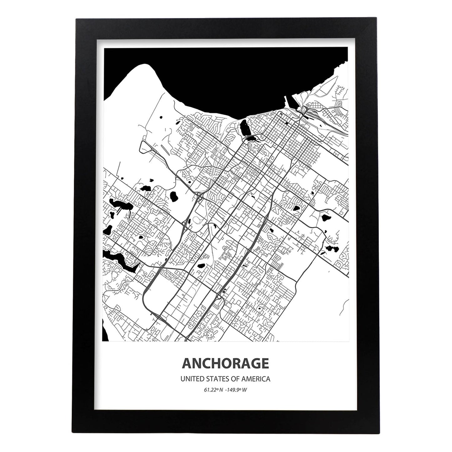 Poster con mapa de Anchorage - USA. Láminas de ciudades de Estados Unidos con mares y ríos en color negro.-Artwork-Nacnic-A3-Marco Negro-Nacnic Estudio SL