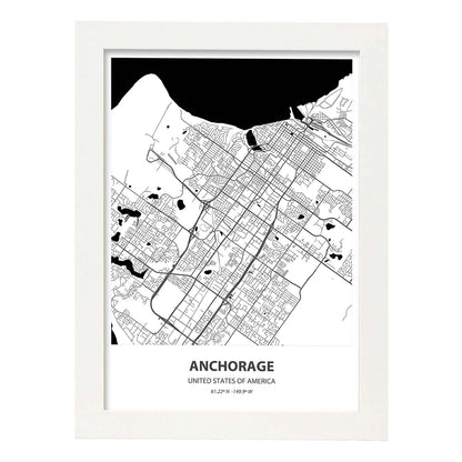 Poster con mapa de Anchorage - USA. Láminas de ciudades de Estados Unidos con mares y ríos en color negro.-Artwork-Nacnic-A4-Marco Blanco-Nacnic Estudio SL