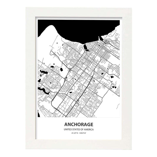 Poster con mapa de Anchorage - USA. Láminas de ciudades de Estados Unidos con mares y ríos en color negro.-Artwork-Nacnic-A4-Marco Blanco-Nacnic Estudio SL