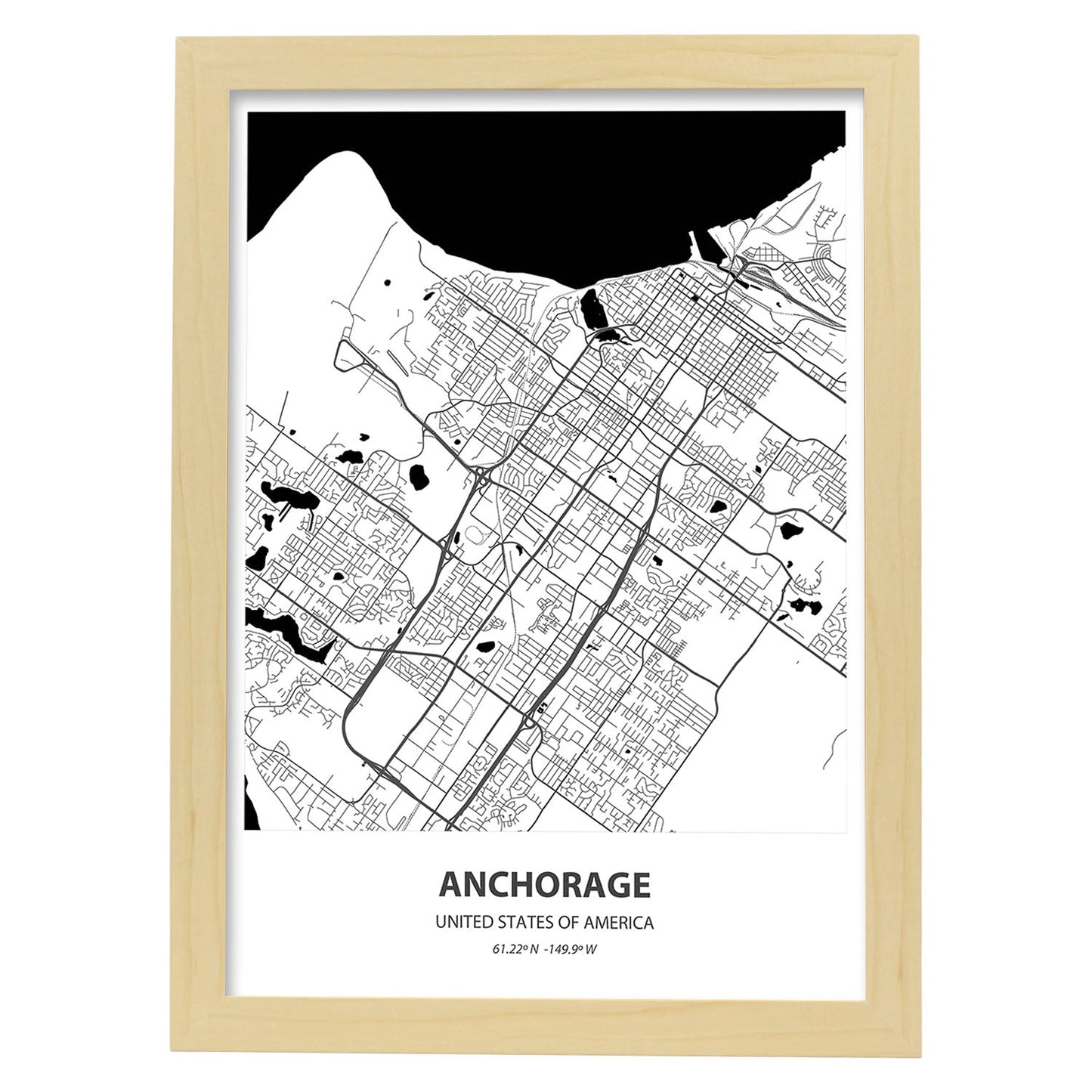 Poster con mapa de Anchorage - USA. Láminas de ciudades de Estados Unidos con mares y ríos en color negro.-Artwork-Nacnic-A4-Marco Madera clara-Nacnic Estudio SL