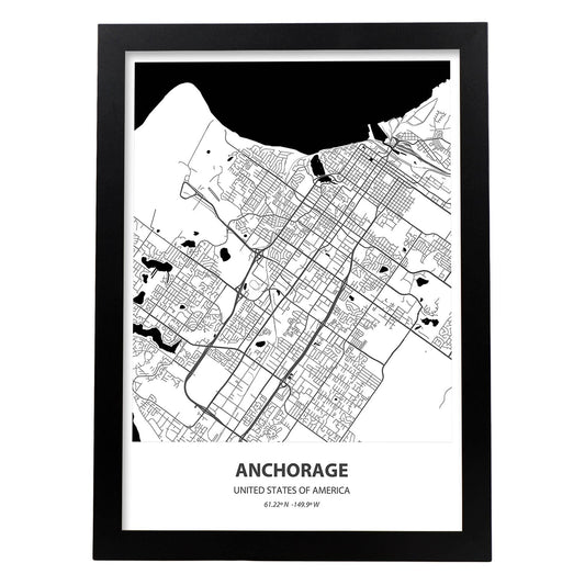 Poster con mapa de Anchorage - USA. Láminas de ciudades de Estados Unidos con mares y ríos en color negro.-Artwork-Nacnic-A4-Marco Negro-Nacnic Estudio SL