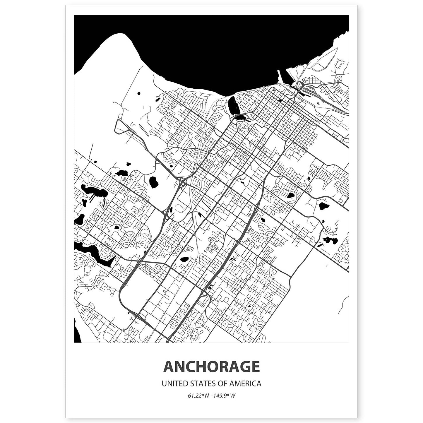 Poster con mapa de Anchorage - USA. Láminas de ciudades de Estados Unidos con mares y ríos en color negro.-Artwork-Nacnic-A4-Sin marco-Nacnic Estudio SL