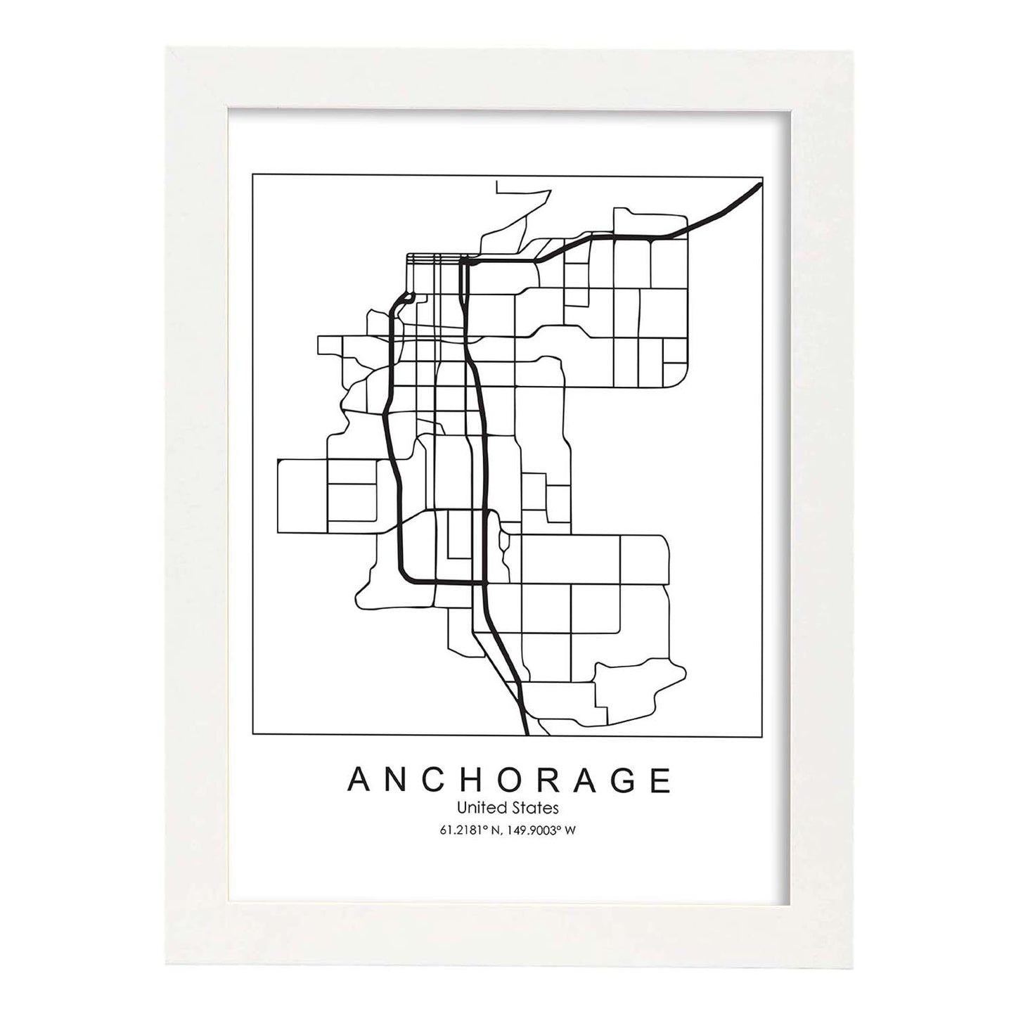 Poster con mapa de Anchorage. Lámina de Estados Unidos, con imágenes de mapas y carreteras-Artwork-Nacnic-A3-Marco Blanco-Nacnic Estudio SL