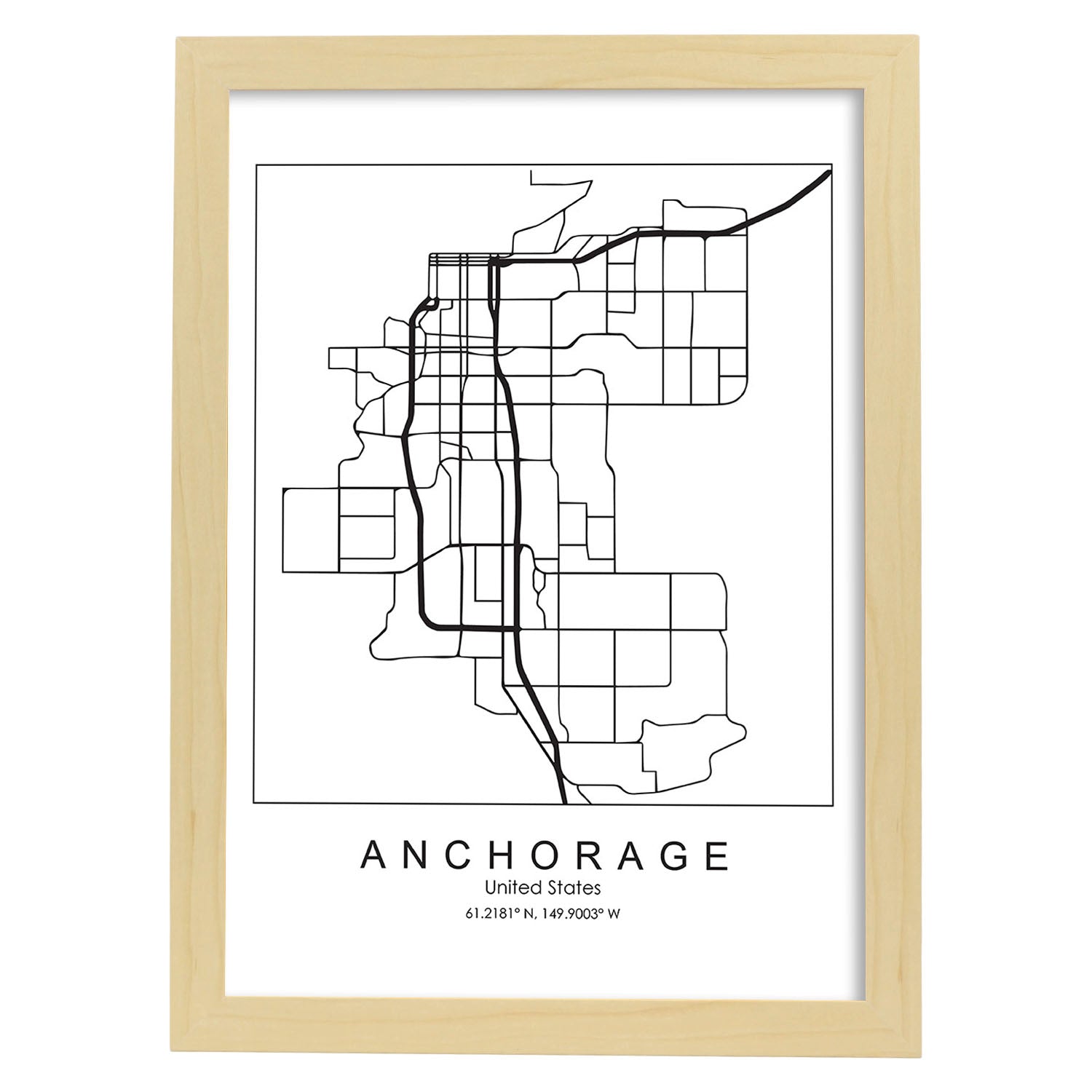 Poster con mapa de Anchorage. Lámina de Estados Unidos, con imágenes de mapas y carreteras-Artwork-Nacnic-A3-Marco Madera clara-Nacnic Estudio SL