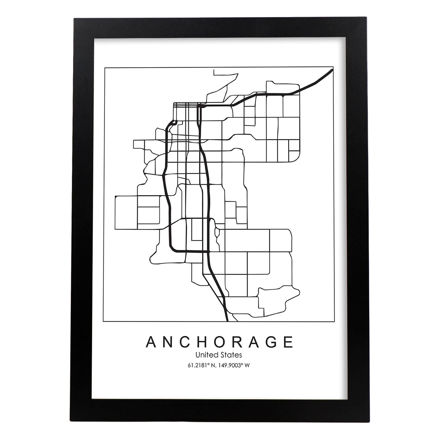 Poster con mapa de Anchorage. Lámina de Estados Unidos, con imágenes de mapas y carreteras-Artwork-Nacnic-A3-Marco Negro-Nacnic Estudio SL