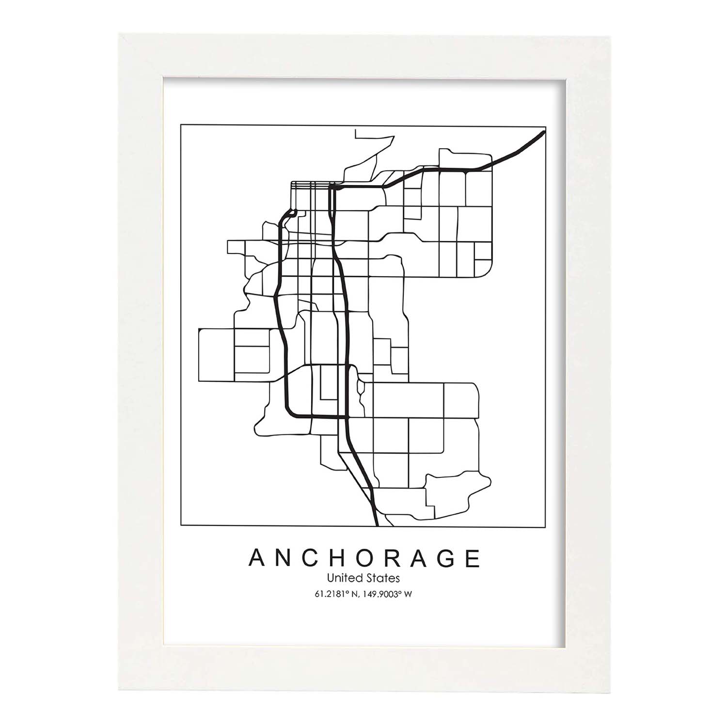 Poster con mapa de Anchorage. Lámina de Estados Unidos, con imágenes de mapas y carreteras-Artwork-Nacnic-A4-Marco Blanco-Nacnic Estudio SL