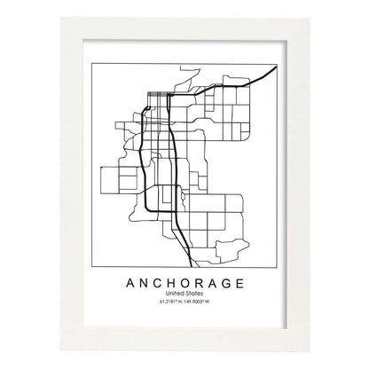 Poster con mapa de Anchorage. Lámina de Estados Unidos, con imágenes de mapas y carreteras-Artwork-Nacnic-A4-Marco Blanco-Nacnic Estudio SL