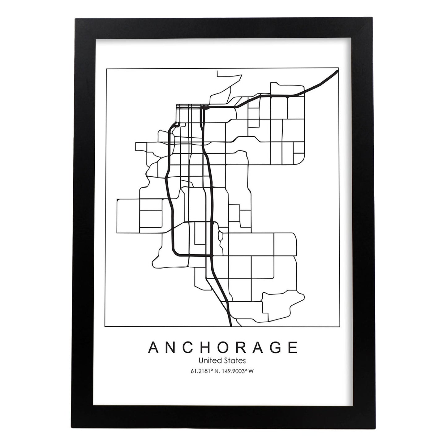 Poster con mapa de Anchorage. Lámina de Estados Unidos, con imágenes de mapas y carreteras-Artwork-Nacnic-A4-Marco Negro-Nacnic Estudio SL