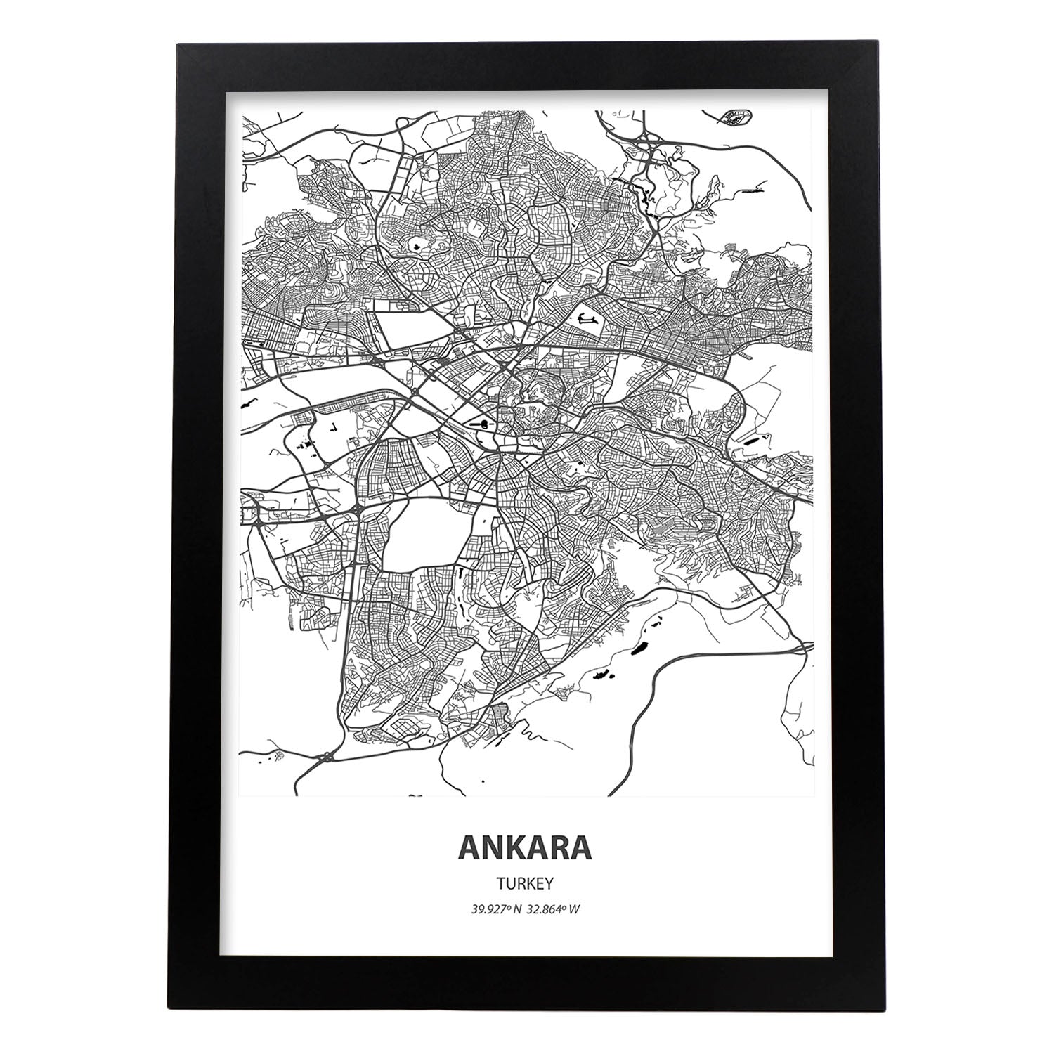 Poster con mapa de Ankara - Turkey. Láminas de ciudades de Oriente Medio con mares y ríos en color negro.-Artwork-Nacnic-A3-Marco Negro-Nacnic Estudio SL