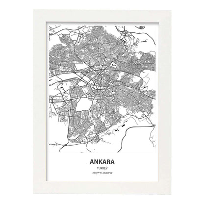 Poster con mapa de Ankara - Turkey. Láminas de ciudades de Oriente Medio con mares y ríos en color negro.-Artwork-Nacnic-A4-Marco Blanco-Nacnic Estudio SL