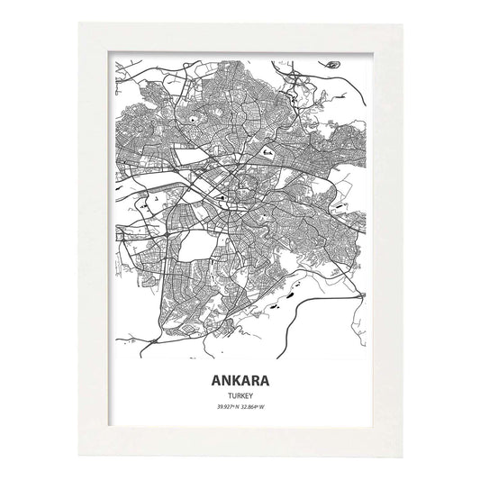 Poster con mapa de Ankara - Turkey. Láminas de ciudades de Oriente Medio con mares y ríos en color negro.-Artwork-Nacnic-A4-Marco Blanco-Nacnic Estudio SL