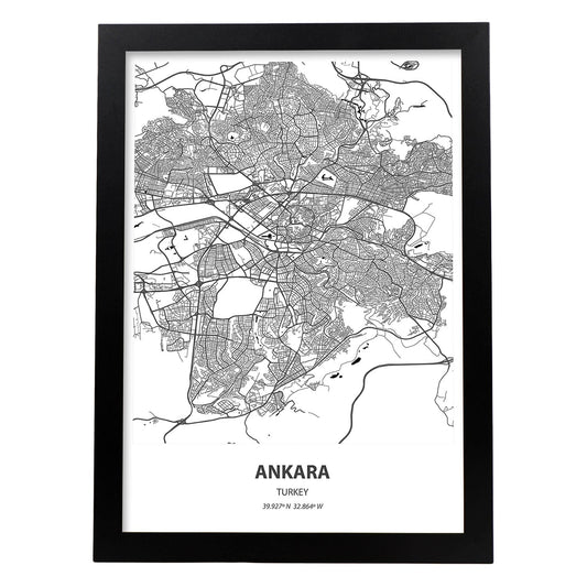 Poster con mapa de Ankara - Turkey. Láminas de ciudades de Oriente Medio con mares y ríos en color negro.-Artwork-Nacnic-A4-Marco Negro-Nacnic Estudio SL