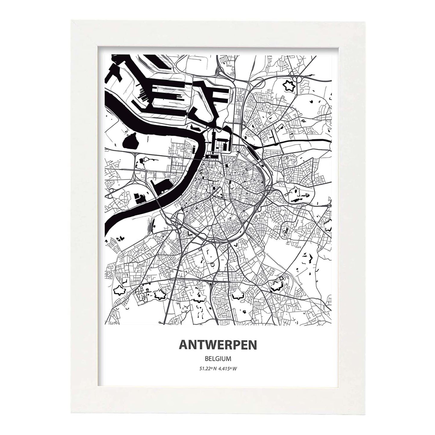 Poster con mapa de Antwerpen - Belgica. Láminas de ciudades de Holanda y Bélgica con mares y ríos en color negro.-Artwork-Nacnic-A3-Marco Blanco-Nacnic Estudio SL