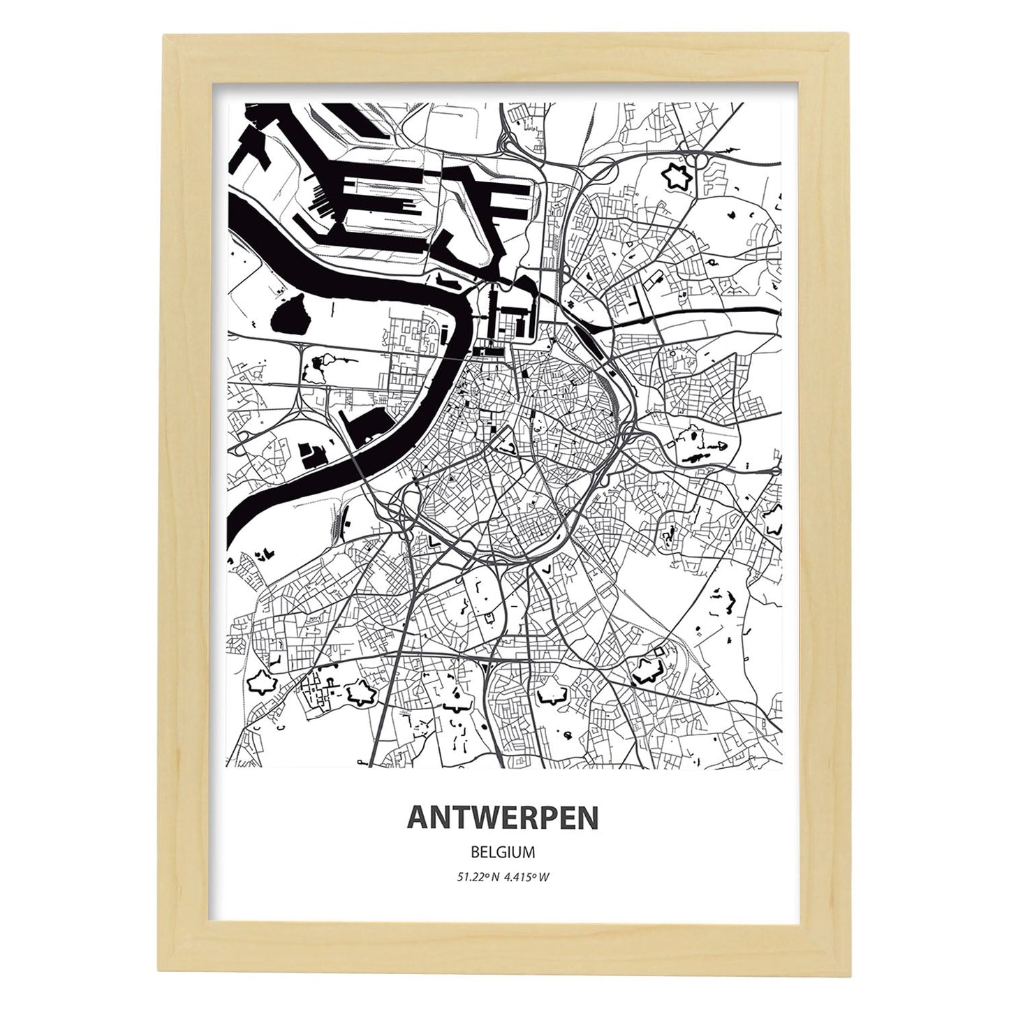 Poster con mapa de Antwerpen - Belgica. Láminas de ciudades de Holanda y Bélgica con mares y ríos en color negro.-Artwork-Nacnic-A3-Marco Madera clara-Nacnic Estudio SL