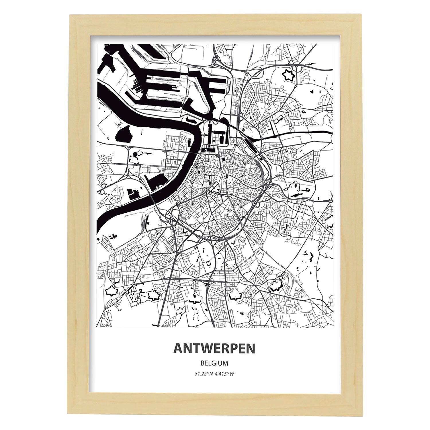 Poster con mapa de Antwerpen - Belgica. Láminas de ciudades de Holanda y Bélgica con mares y ríos en color negro.-Artwork-Nacnic-A3-Marco Madera clara-Nacnic Estudio SL