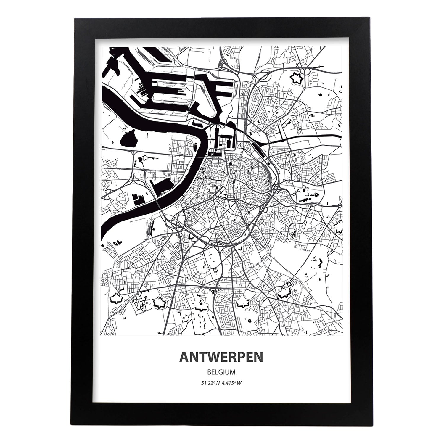 Poster con mapa de Antwerpen - Belgica. Láminas de ciudades de Holanda y Bélgica con mares y ríos en color negro.-Artwork-Nacnic-A3-Marco Negro-Nacnic Estudio SL