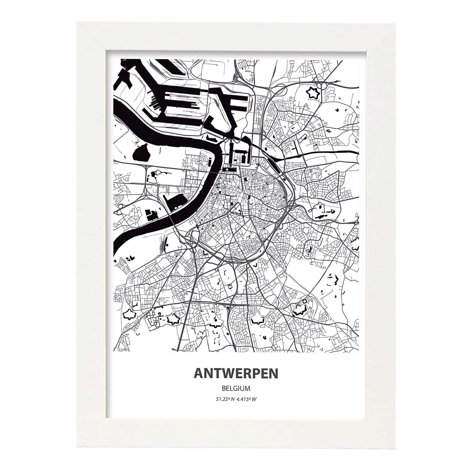 Poster con mapa de Antwerpen - Belgica. Láminas de ciudades de Holanda y Bélgica con mares y ríos en color negro.-Artwork-Nacnic-A4-Marco Blanco-Nacnic Estudio SL
