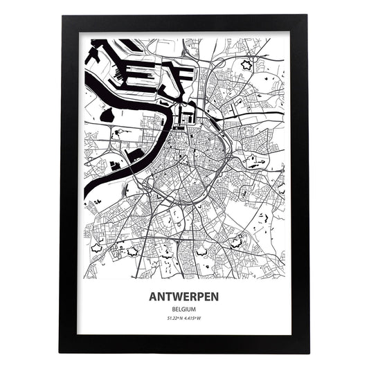 Poster con mapa de Antwerpen - Belgica. Láminas de ciudades de Holanda y Bélgica con mares y ríos en color negro.-Artwork-Nacnic-A4-Marco Negro-Nacnic Estudio SL
