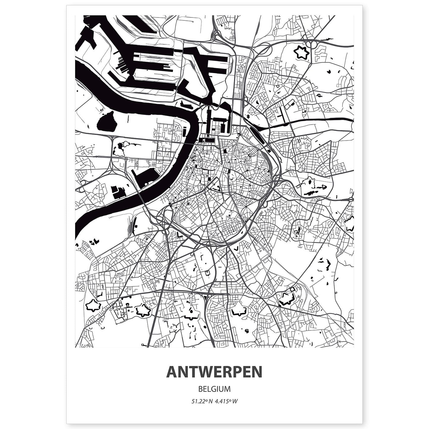 Poster con mapa de Antwerpen - Belgica. Láminas de ciudades de Holanda y Bélgica con mares y ríos en color negro.-Artwork-Nacnic-A4-Sin marco-Nacnic Estudio SL