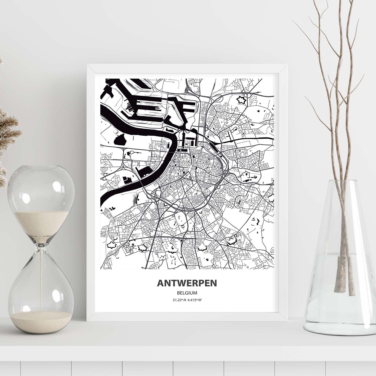 Poster con mapa de Antwerpen - Belgica. Láminas de ciudades de Holanda y Bélgica con mares y ríos en color negro.-Artwork-Nacnic-Nacnic Estudio SL