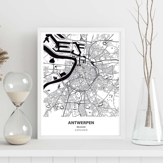 Poster con mapa de Antwerpen - Belgica. Láminas de ciudades de Holanda y Bélgica con mares y ríos en color negro.-Artwork-Nacnic-Nacnic Estudio SL