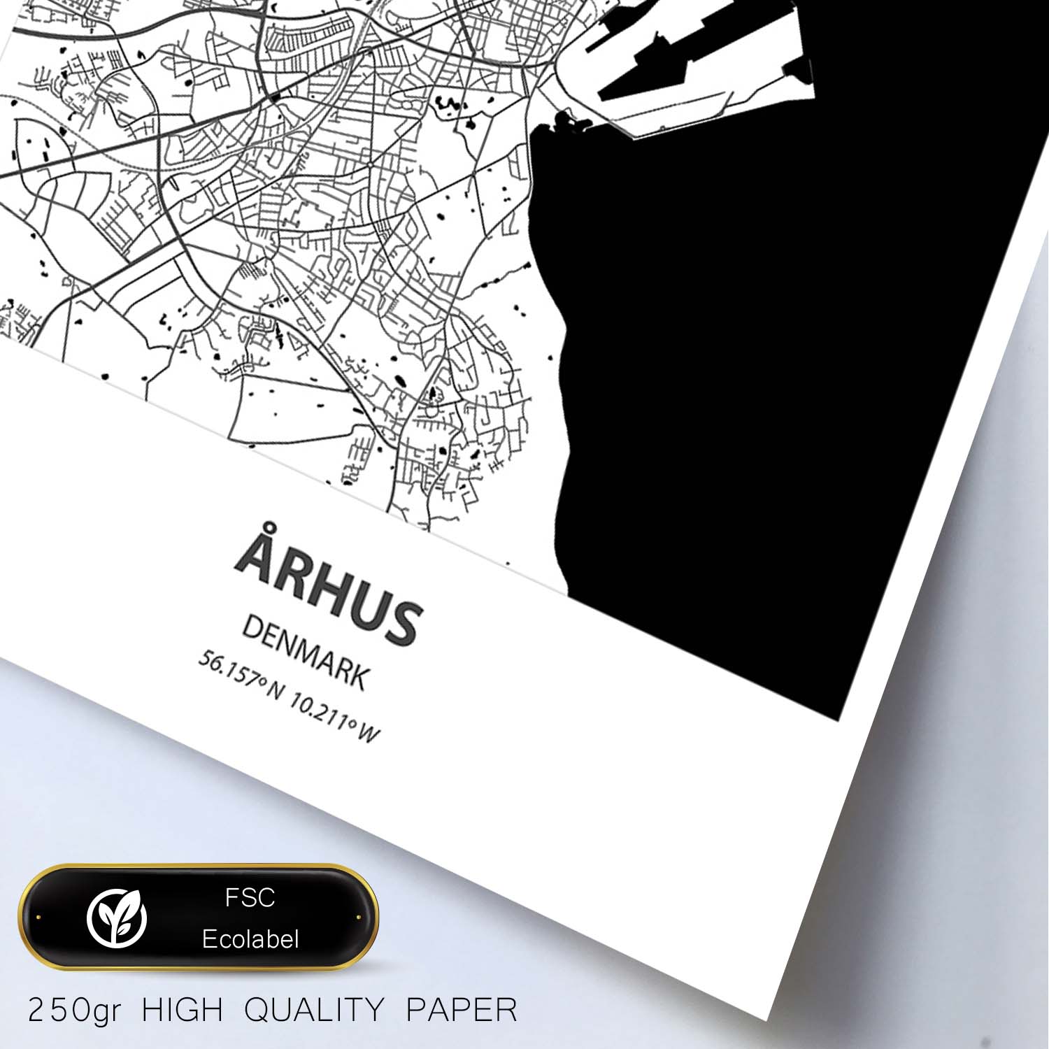 Poster con mapa de Arhus - Dinamarca. Láminas de ciudades del norte de Europa con mares y ríos en color negro.-Artwork-Nacnic-Nacnic Estudio SL