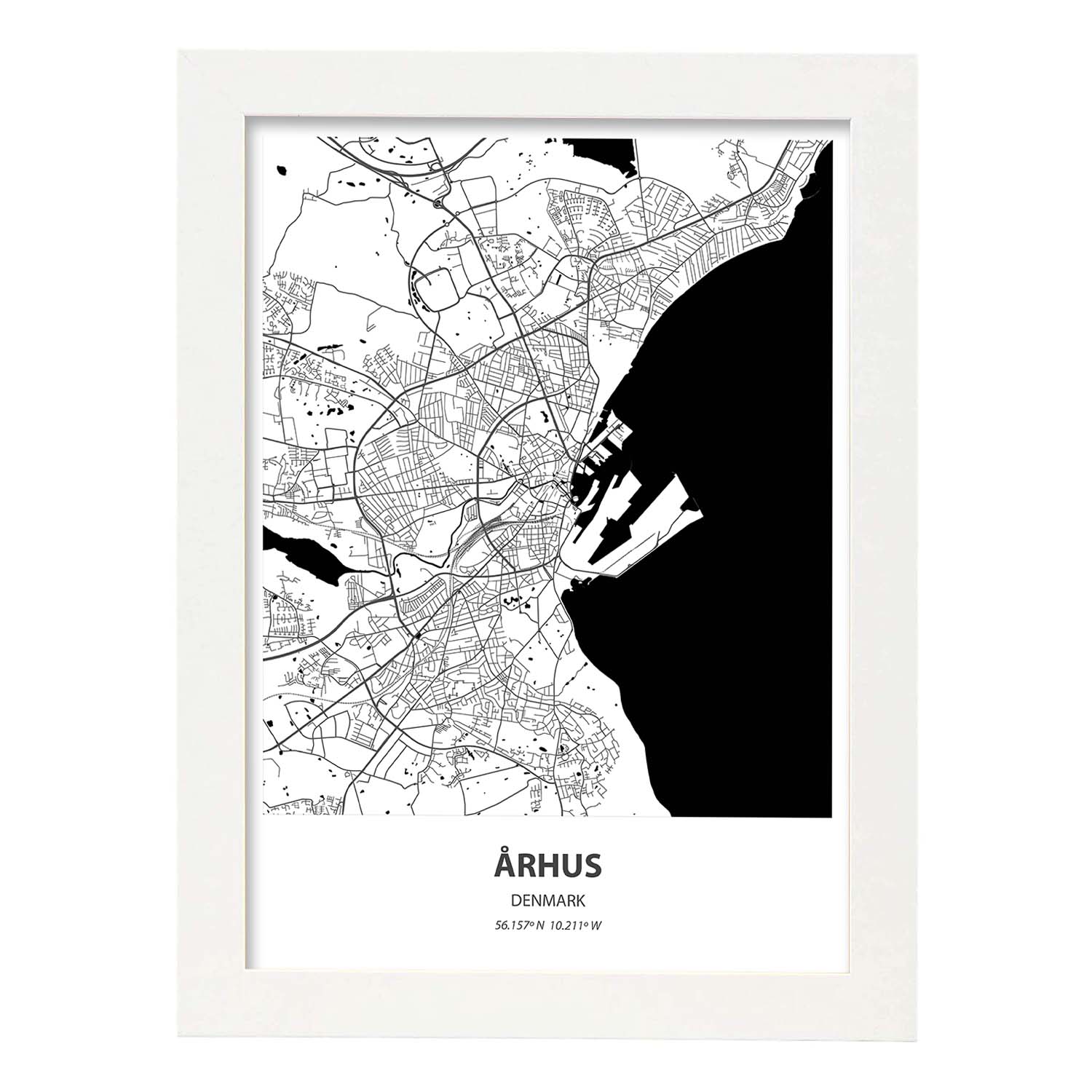 Poster con mapa de Arhus - Dinamarca. Láminas de ciudades del norte de Europa con mares y ríos en color negro.-Artwork-Nacnic-A3-Marco Blanco-Nacnic Estudio SL